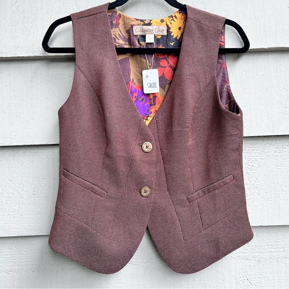 Coldwater Creek Brown Waistcoat Vest with Floral Interior Preppy Brown Size 4